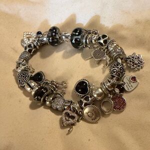 9”Pandora Authentic .925 Sterling Silver & Black Onyx Charm Bracelet - 30 charms